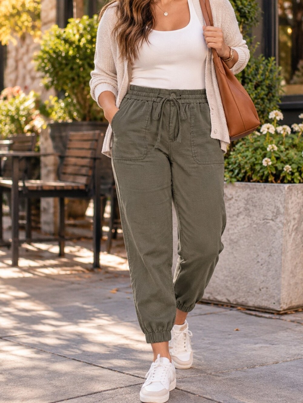 Tahari Olive Green Drawstring Jogger Pants Ankle Rayon Blend Utility Casual